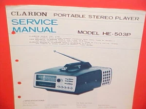 1977-1982 CLARION AM-FM/CINTA DE 8 PISTAS RADIO PORTÁTIL MANUAL DE SERVICIO MODELO HE-503P - Imagen 1 de 1