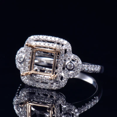 Princess Cut 6.5mm Natural Diamond Engagement Ring Setting Solid 14K 2 Tone Gold - Image 1 of 4