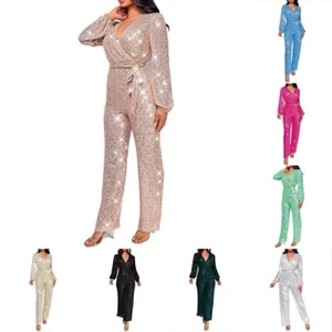 Mono contemporáneo de lentejuelas de manga larga para mujer con elegante escote en V - Imagen 1 de 27