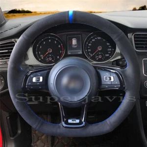 Black Suede Leather Steering Wheel Stitch on Wrap Cover For VW Golf 7 GTI Golf R - Picture 1 of 11