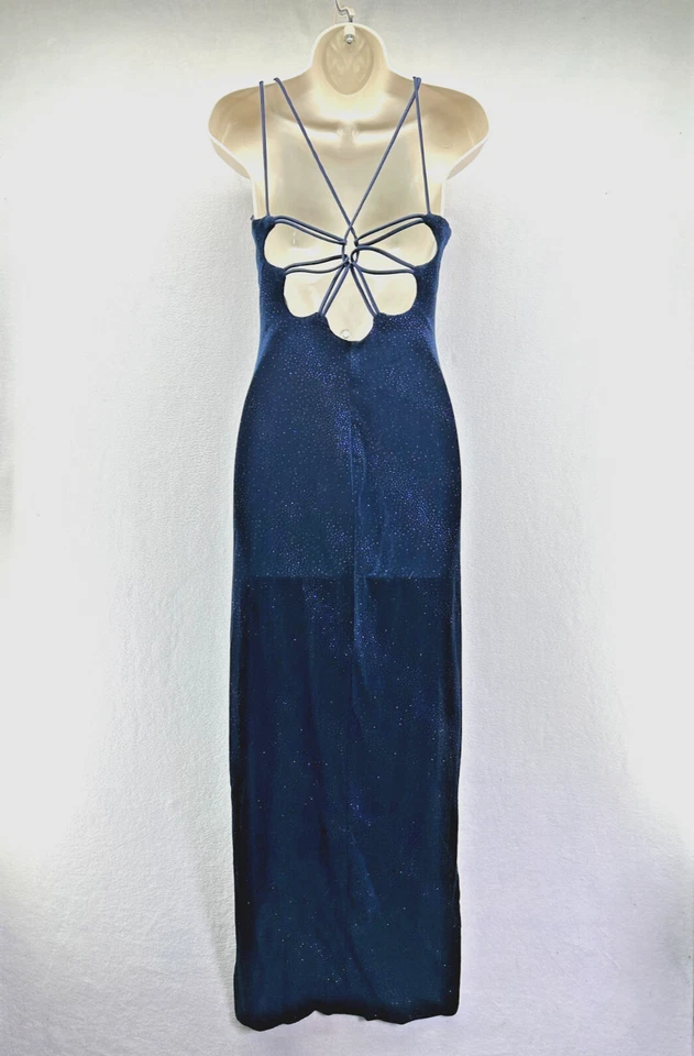 Y2K Formal Dress Size M Velvet Navy Blue Sparkle Slinky Low Back Strappy Cutout - Image 1 of 4
