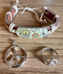 Lindo brazalete vintage hippie signo de la paz más colgante y anillo de ley 925 talla 8 - Imagen 1 de 10