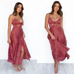 Vestido Thanne maxi satinado talla 14 corte rojo lunadote corbata delantera tiras abertura verano - Imagen 1 de 10