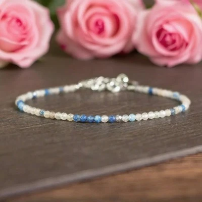 Natural 3mm Kyanite Stone Dainty Beads Minimalist Healing Stretch Bracelet Gift - Image 1 of 2