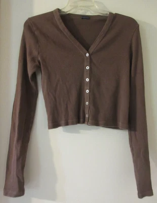 Brandy Melville Brown Cropped Ribbed Cotton Button Down Cardigan Top V Neck - Image 1 of 4