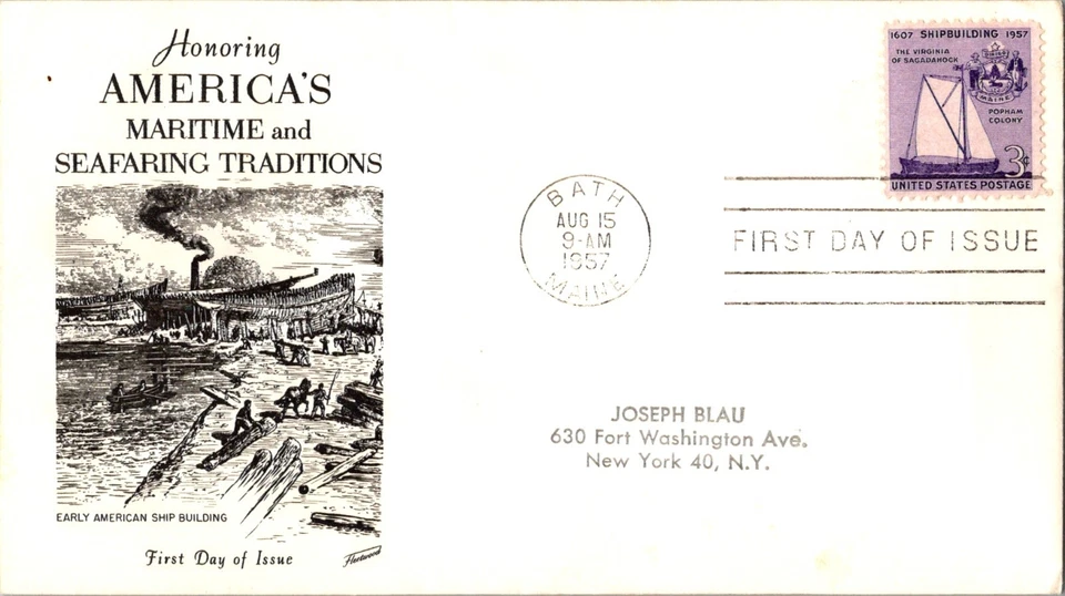 USPS Scott 1095 FDC America's Maritime & Seafaring Traditions Fleetwood c1957 - Image 1 of 4