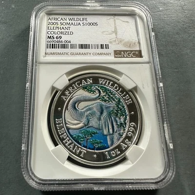 2005 年索马里 S1000S,0.999 1 盎司银色大象彩色 NGC 评级 MS69 (86956) — 第 1/2 张图片