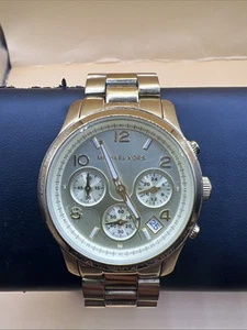 Michael Kors Watch Gold Runway Chronograph MK-5055 Date New Battery 6” - Picture 1 of 8