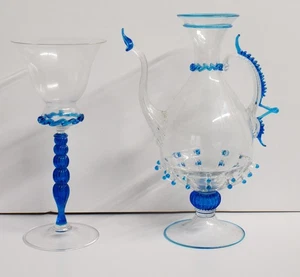 BROCCA E CALICE con decori BLU Zaffiro in vetro di Murano "VENINI"? Venezia 1900 - Picture 1 of 10