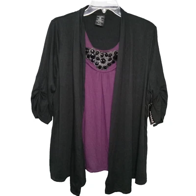 Blusa sintética Twinset para mujer talla grande 1X/16W negra/ciruela tejida con joyas brillante elegante Foto 1 de 4