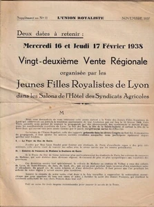 L'UNION ROYALISTE supplément au N°11 Novembre 1937 Vente Jeunes Filles de Lyon - Imagen 1 de 2