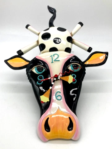 Retired Allen Designs "Cow Cream" Whimisical Wall Clock Missing Tongue Works! Cover