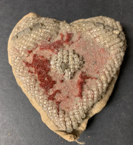 Antique Native American Pin Cushion Glass Sead Beads Heart Shaped Victorian Cover