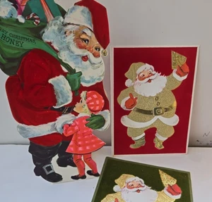 Lot of 3 Vintage Flocked Large Christmas Santa Greeting Cards New 1950s - Picture 1 of 8