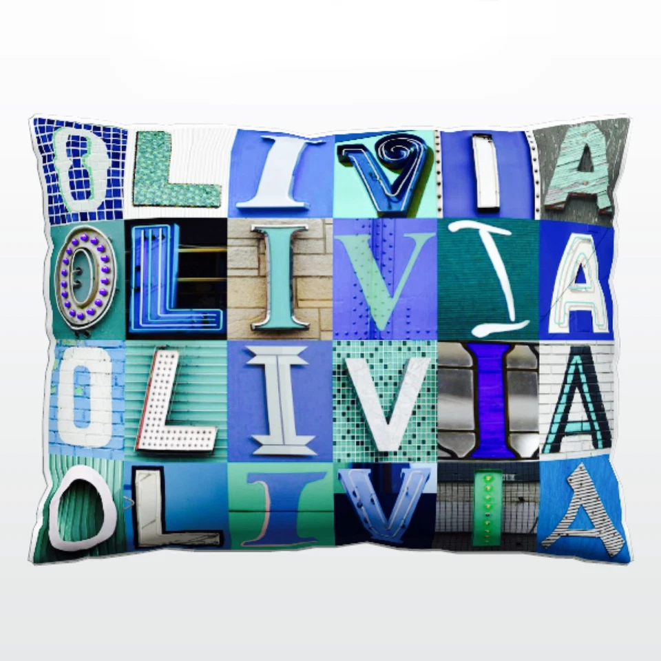 Personalized Pillow featuring OLIVIA in photos of BLUE & GREEN sign letters - Image 1 of 1