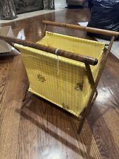 VTG Original Foldable Sewing Knitting Stand Caddy Basket Yellow Plaid Wood Frame
