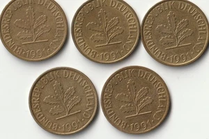 BRD, 5 mal 10 Pfennig Münze, 1991, alle 5 Prägestätten, zirkulierte Münzen - Bild 1 von 2
