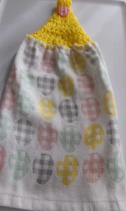 YELLOW Yarn Crochet Top EASTER ASSORTED EGGS Print Cotton Kitchen Towel - Picture 1 of 2
