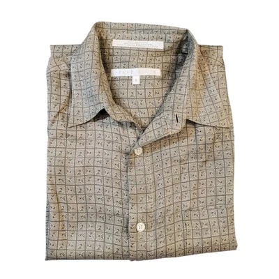 PERRY ELLIS Mens Silk Shirt Size Medium Beige Patterned Short Sleeve Button Up - Image 1 of 4