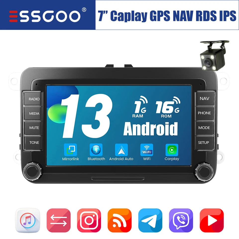 7" Autoradio Carplay Android 13 GPS NAVI RDS +Cam Per VW GOLF 5 6 Touran Polo 6R - Immagine 1 di 4