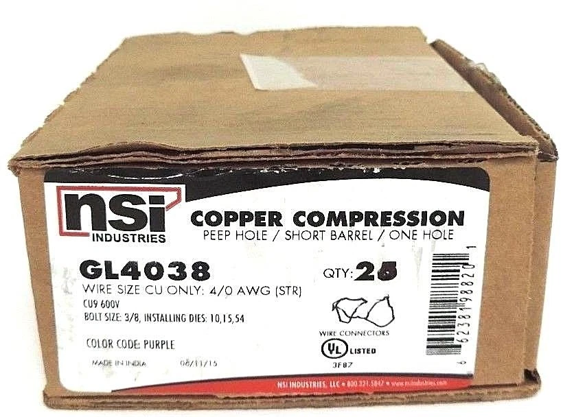 NIB NSI GL4038 COPPER COMPRESSION SHORT BARREL, ONE HOLE, PURPLE - QTY 20 - Image 1 of 1