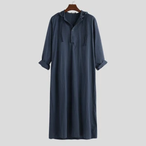 Mens Saudi Jubba Dishdasha Muslim Long Sleeve Hooded Kaftan Cotton Maxi Thobe - Picture 1 of 17