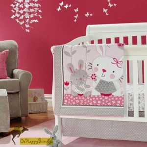 New Baby Girls 3 Pieces Pink Bunny Rabbit Cotton Nursery Crib Bedding Cot Set - Picture 1 of 8