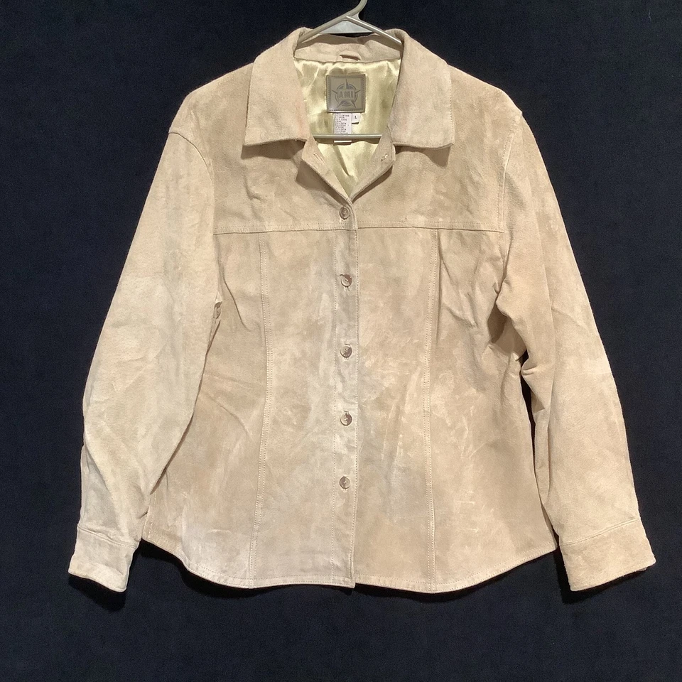 Chaqueta de cuero de gamuza AMI para mujer grande con botones forro satinado rubio tostado Foto 1 de 4