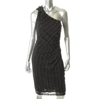 David Meister~ Vestido de fiesta de un hombro con encaje negro y plateado 12 NUEVO $468 Foto 1 de 4