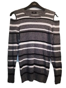 Ladies Grey Striped Long Sleeve Off the Shoulder Lightweight Jumper Size 12 - Picture 1 of 2