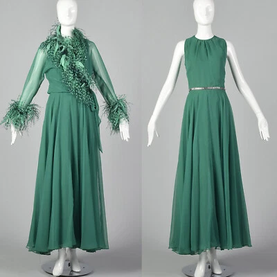Medium Adele Simpson Elizabeth Arden 1970s Gown Vintage VTG Feather Green Dress - Image 1 of 4