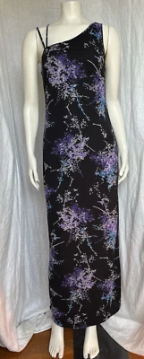 Maxi Vestido Vintage Y2K Años 90 Tirantes Un Hombro Negro Púrpura Floral Gótico EE. UU. S Foto 1 de 4