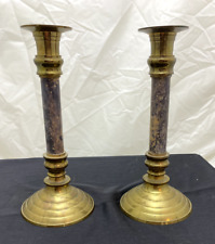 Pair Of Brass Candlesticks With Marbled Center Column 8.5 Inches Tall Vintage