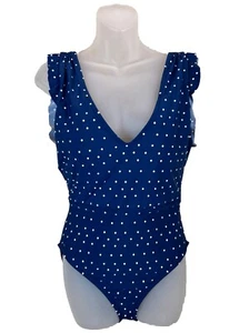 NWT CATALINA Sm One Piece Bathing Suit Shoulder Ruffles Swimsuit Blue White Dots - Picture 1 of 6