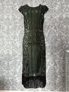 Ladies Stunning Art Deco Gatsby Black & Green Sequin Party Dress (UK 10) - Picture 1 of 15