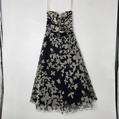Vtg BCBGMAXAZRIA Black Floral Mesh Strapless Ruched Gown Feminine Dress Size 4 - Image 1 of 4