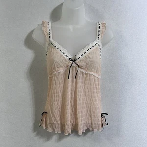Vtg Y2K Babydoll Lace Trim Tank Top Sheer M Coquette Romantic Ruffles Stretchy - Picture 1 of 8