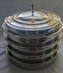 Erinnerungsware KOMMUNIONSCHALEN Edelstahl SAFTSTAPEL SET 4 EINSÄTZE Deckel - Bild 1 von 12