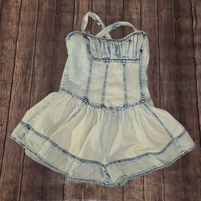 Mameluco para mujer Pilcro Anthropologie L azul denim cuello cuadrado cintura caída blanqueador Foto 1 de 4