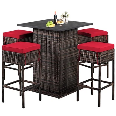 Patiojoy 5PCS Patio Rattan Bar Table Stool Set Hidden Storage Shelf Cushion Red - Image 1 of 4