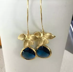 Ladies Gold Plated Blue Stone Blooming Flower Hook Dangling Drop Womens Earrings - Picture 1 of 3
