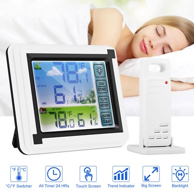 Digital LCD Indoor & Outdoor Weather Station Clock Calendar Thermometer Wireless - Image 1 of 4
