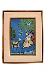 Antique Indian Miniature Painting Woman Playing Flute Deer Nature Scene Fabric - Picture 1 of 8