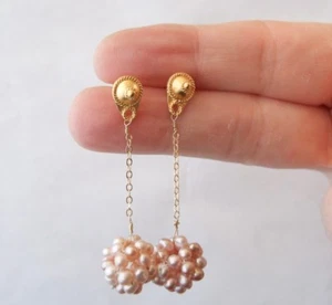 18k Gelbgold Vermeil klassische Ohrstecker mit Pfirsich Perlen Cluster baumelt - Bild 1 von 5