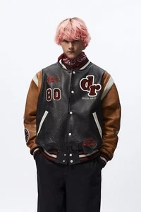 zara leather bomber jacket with patches| Ref: 5388/302| Size M,L,XL - Picture 1 of 3