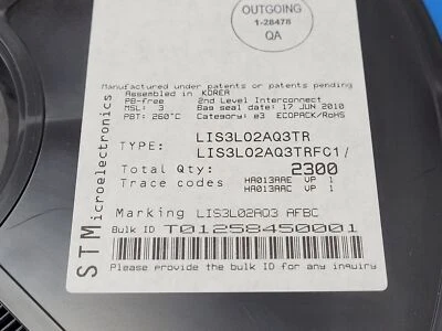 (25 PCS) LIS3L02AQ3TR STMICRO ACCELEROMETER 2-6G ANALOG 44QFN ROHS - Image 1 of 3