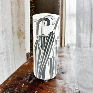 Umbrella Stand Ceramic Glazed 18" Round Tall Retro Walking Cane Brolly Holder - Picture 1 of 15