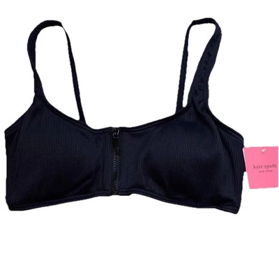 Top de bikini de natación acanalado Kate Spade Marco Island negro M mediano nuevo con etiquetas $85 cremallera frontal Foto 1 de 4