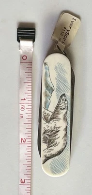 Vintage Folding Ivory Scrimshaw Victorinox Knife Colored Etched Bear Rostfrei - Image 1 of 4