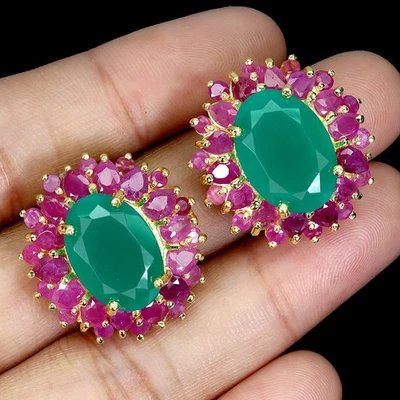 925 Sterling Silver Earrings Oval Aventurine 14x10mm Ruby Gemstone Jewelry - Image 1 of 4